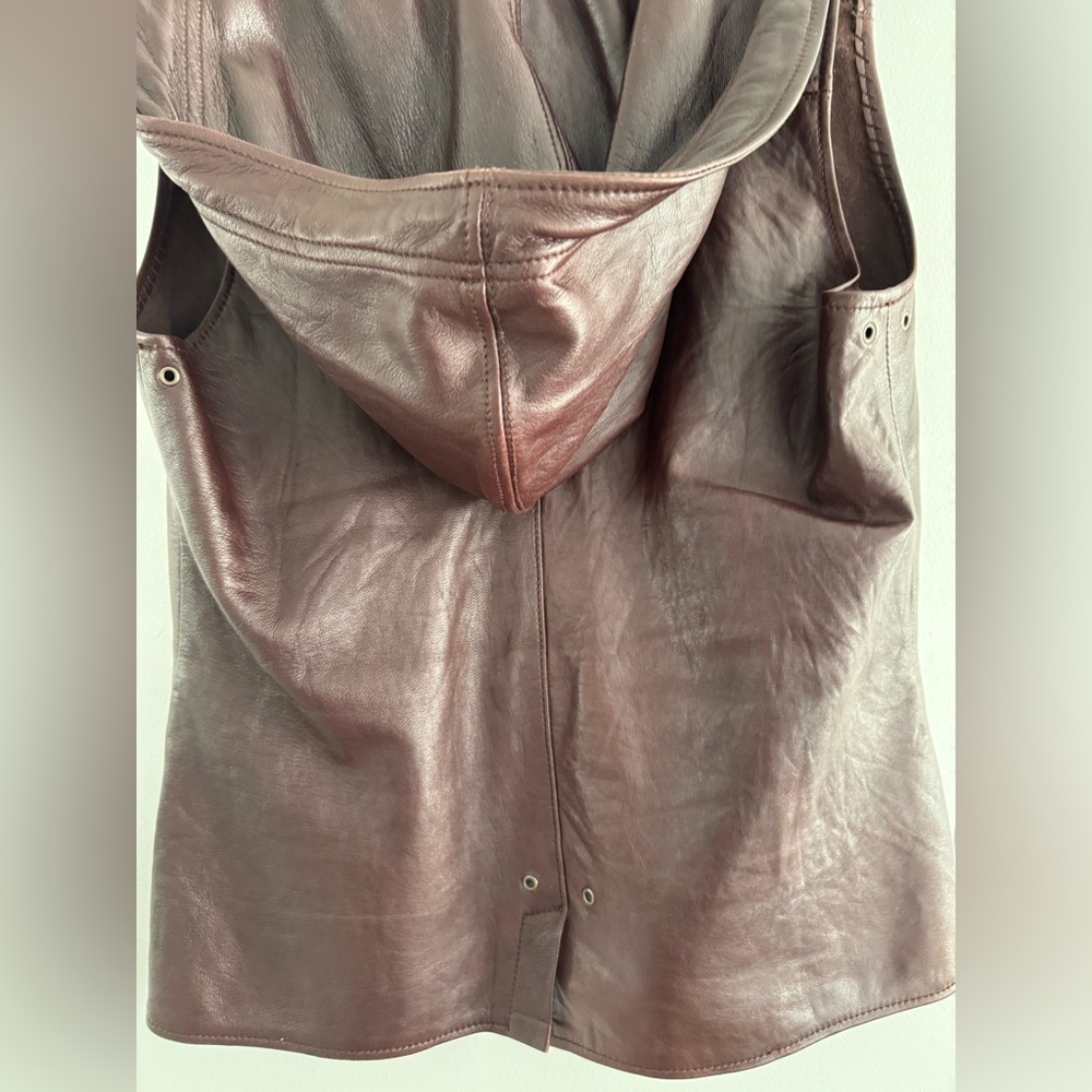 Women's Brown Leather Vest with Hood - Picture 6 of 8